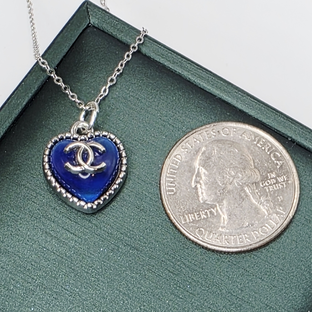 CHANEL Silver and Blue Heart Necklace